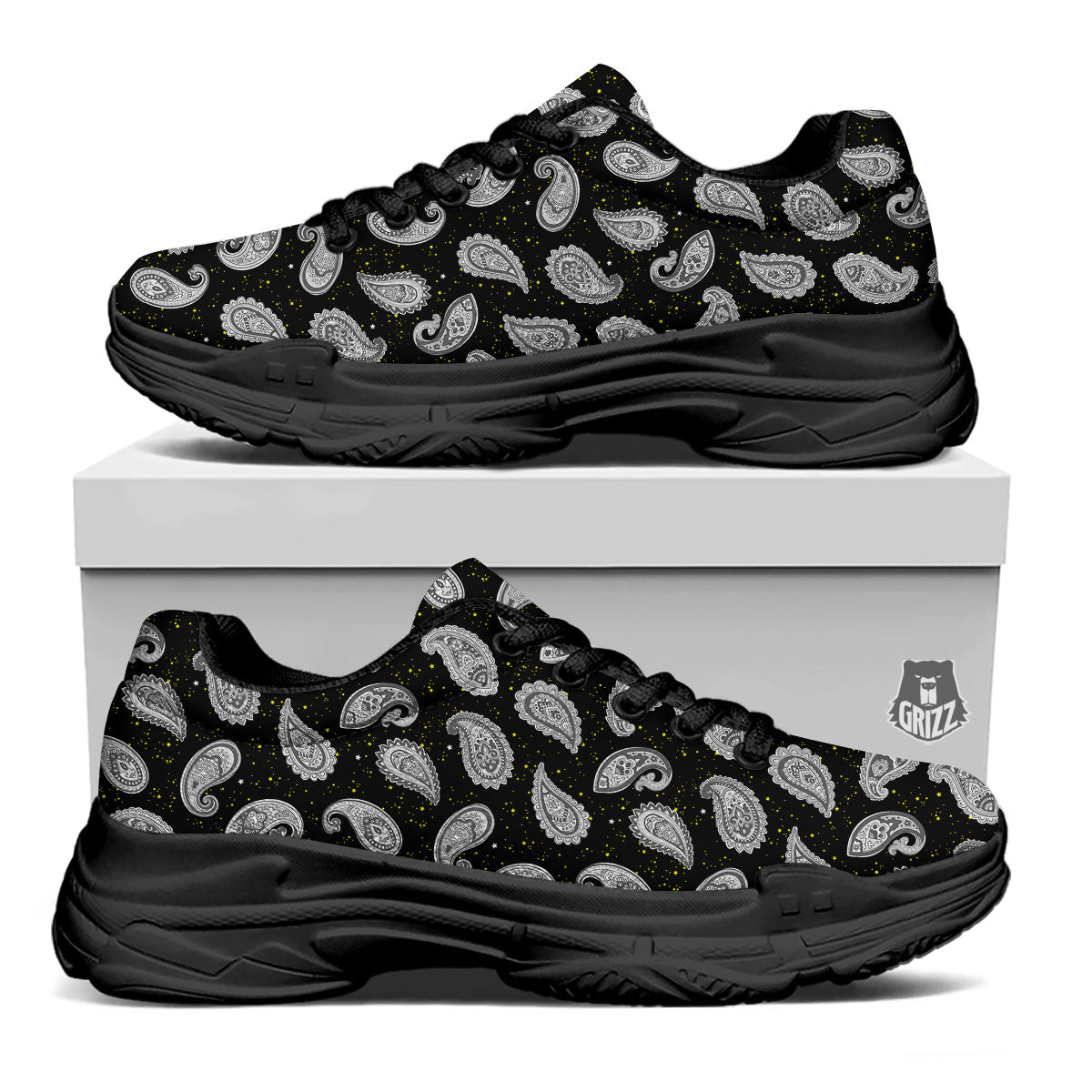 Indian Rug Tribal And Yellow Star Print Pattern Black Chunky Shoes-grizzshop