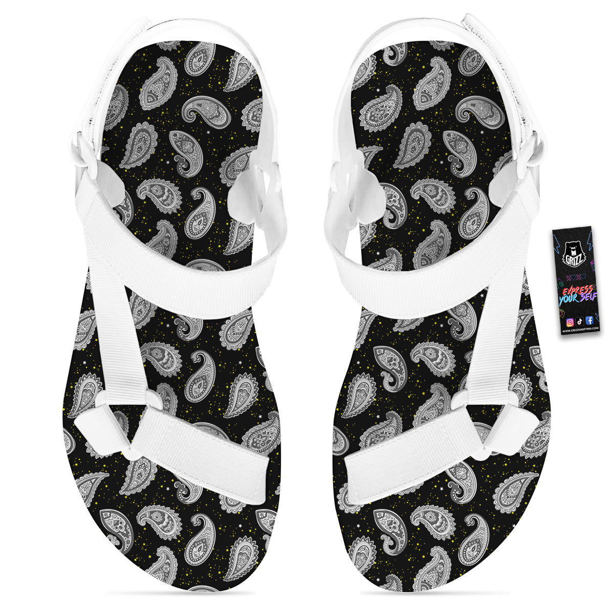 Indian Rug Tribal And Yellow Star Print Pattern White Open Toe Sandals-grizzshop