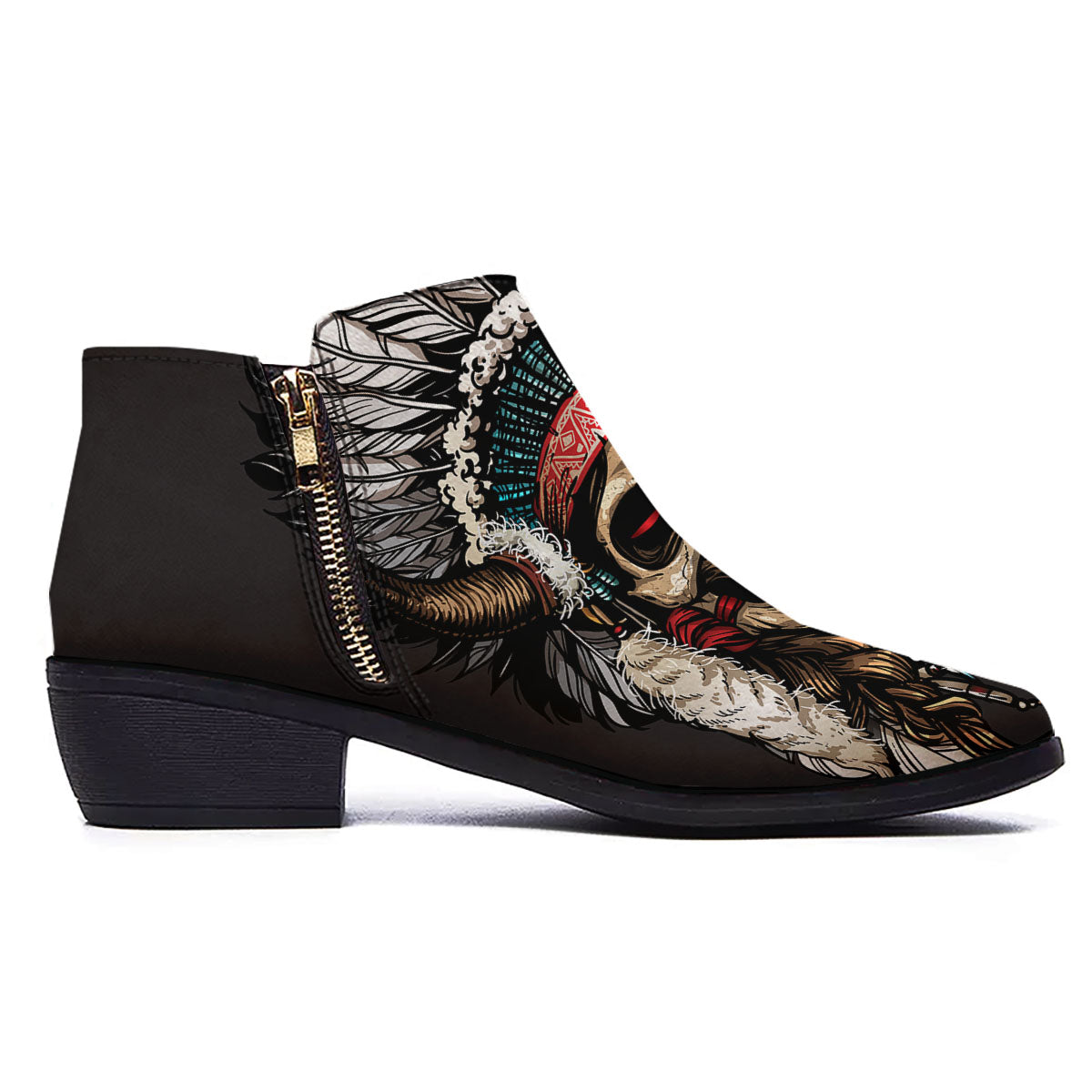 Indian Skull Native American Print Ankle Boots-grizzshop