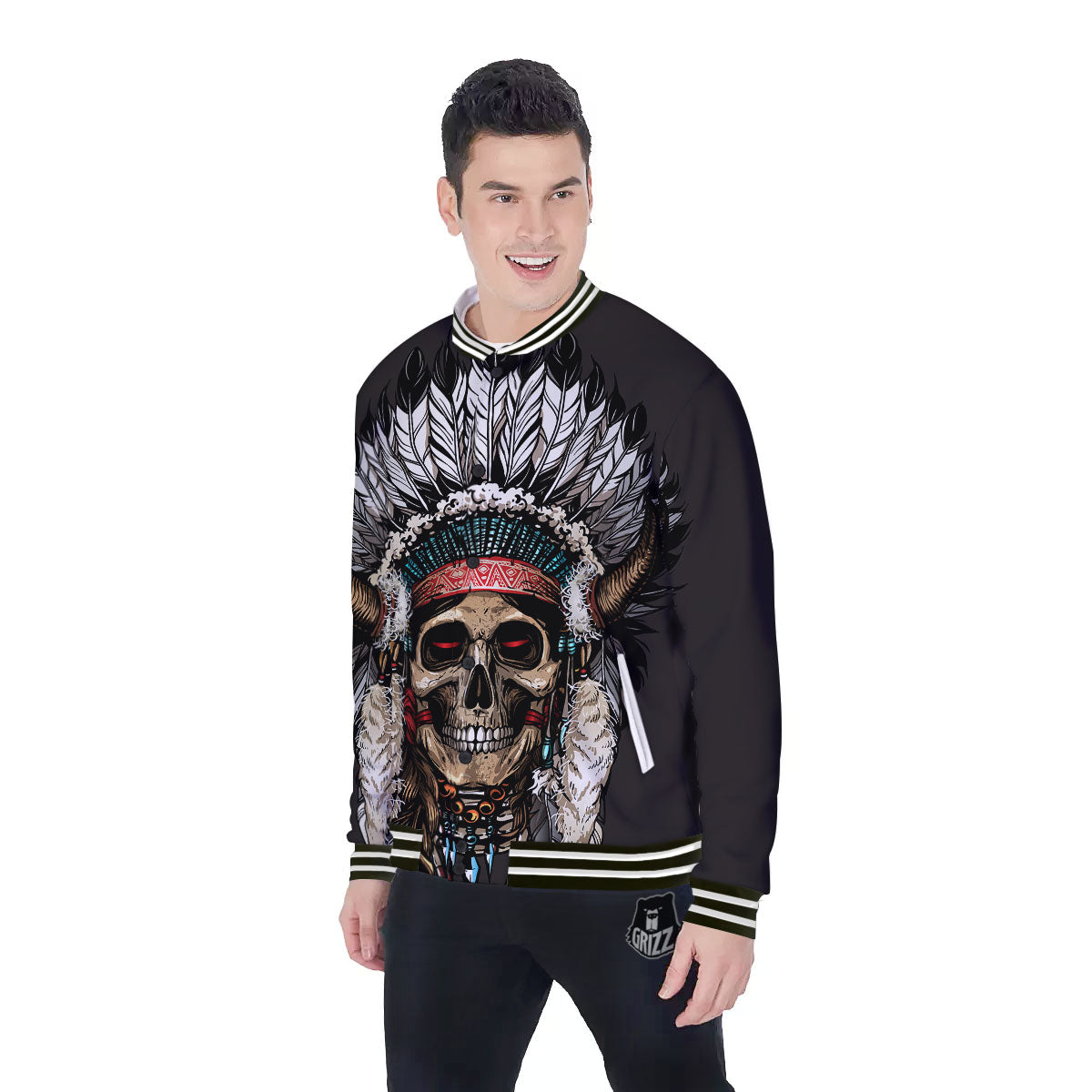 Indian Skull Native American Print Baseball Jacket-grizzshop