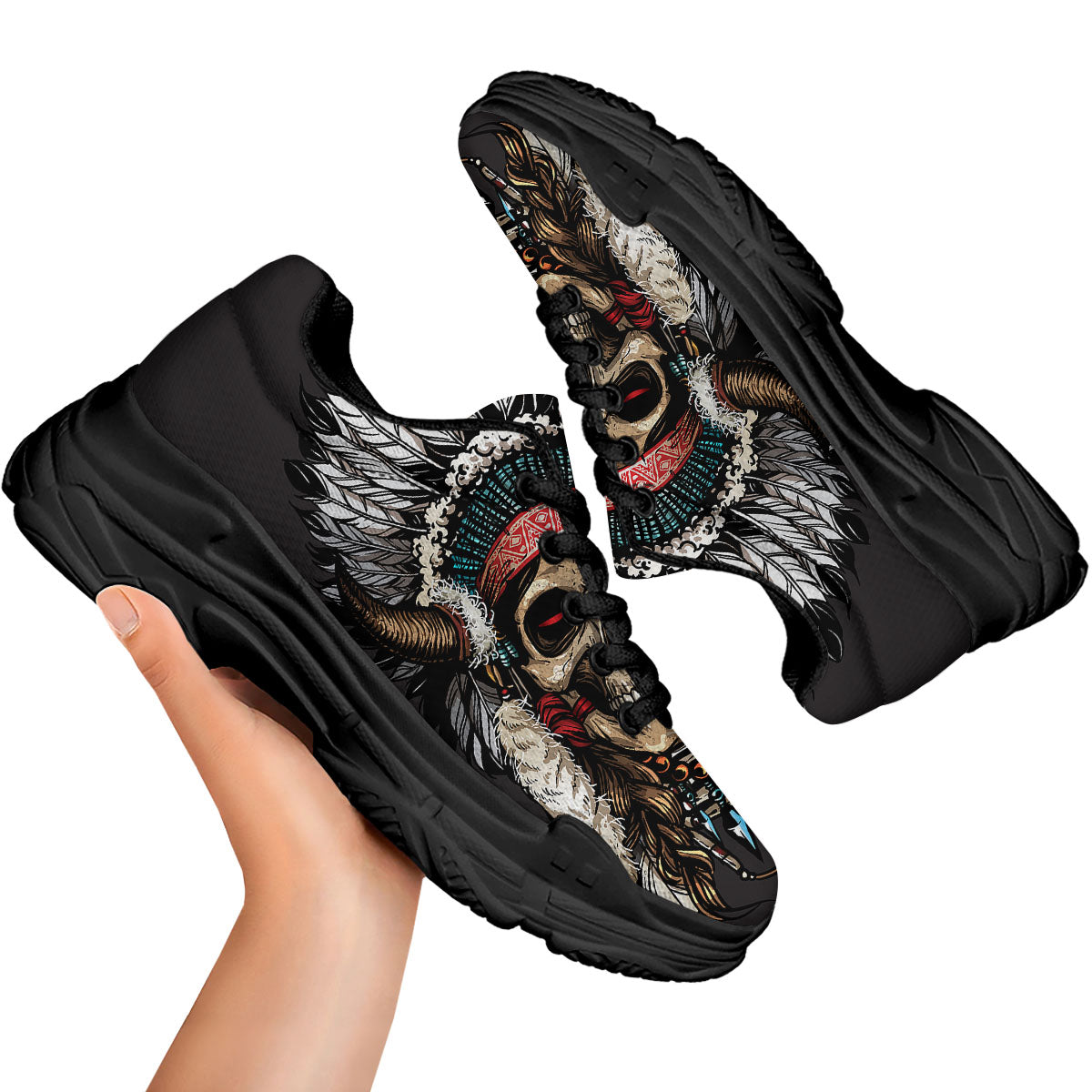 Indian Skull Native American Print Black Chunky Shoes-grizzshop