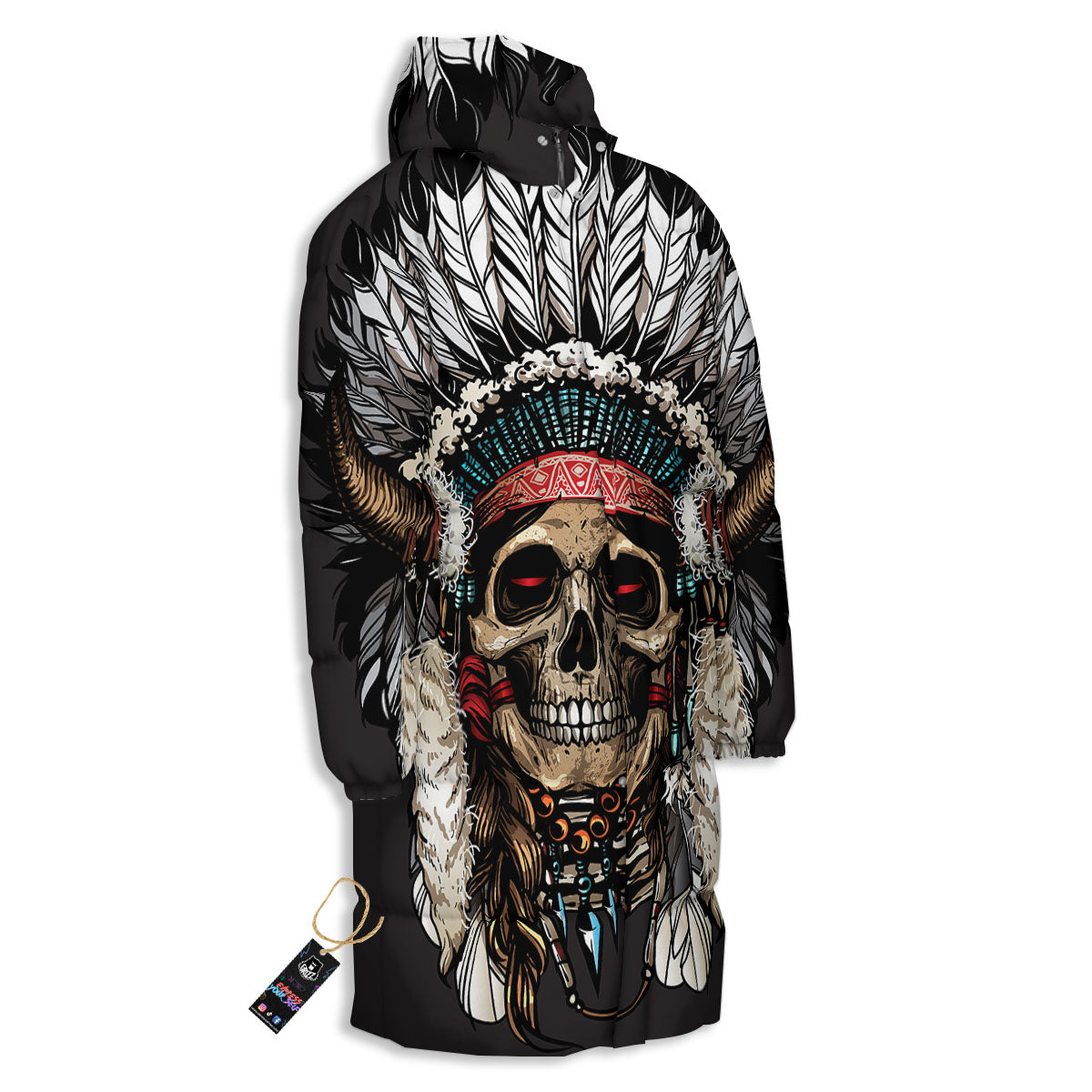 Indian Skull Native American Print Long Down Jacket-grizzshop