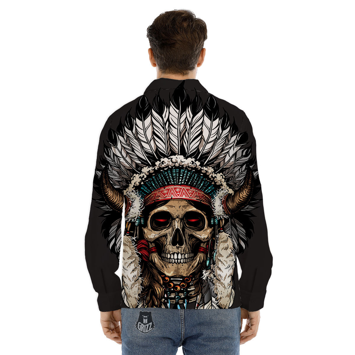 Indian Skull Native American Print Men's Dress Shirts-grizzshop