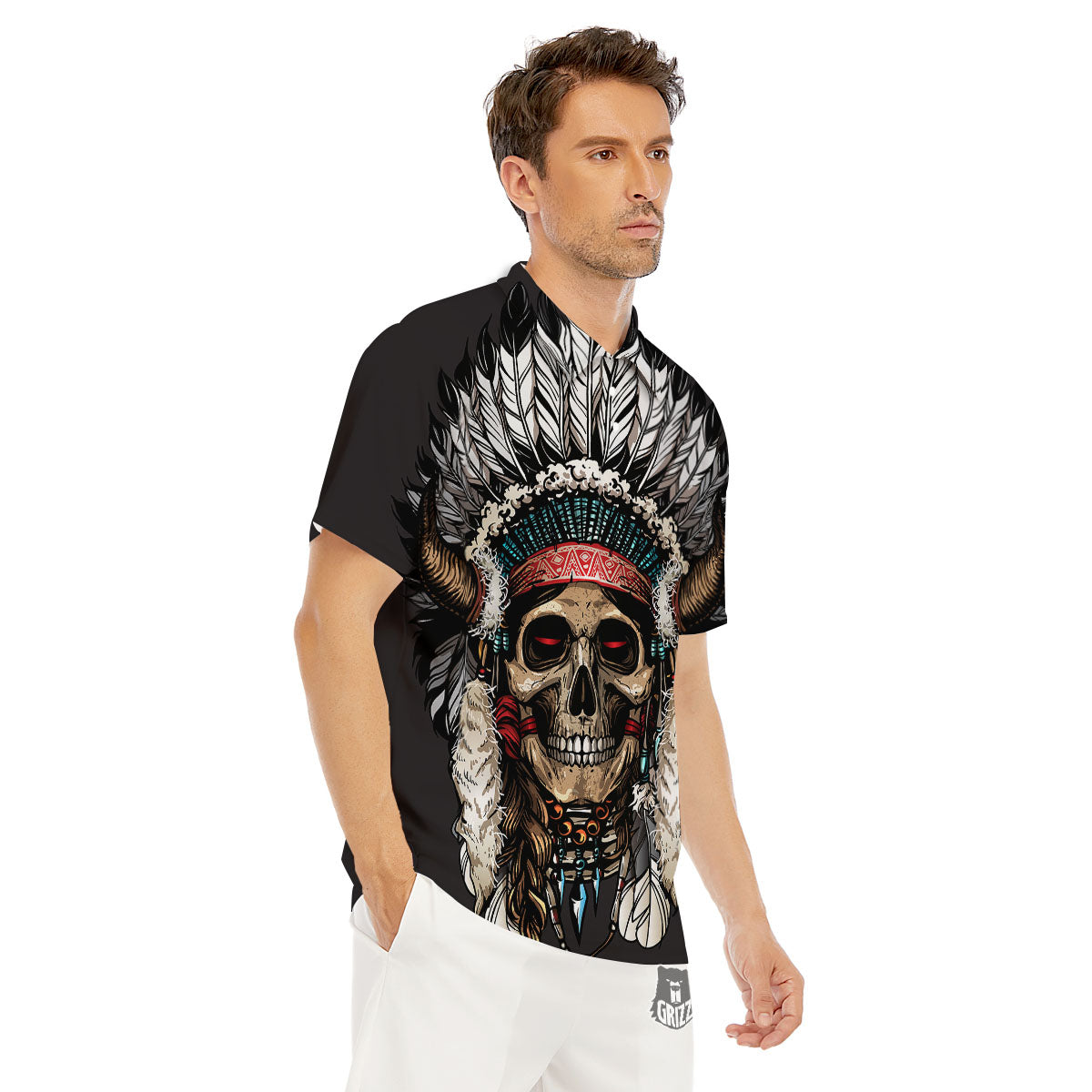 Indian Skull Native American Print Men's Golf Shirts-grizzshop