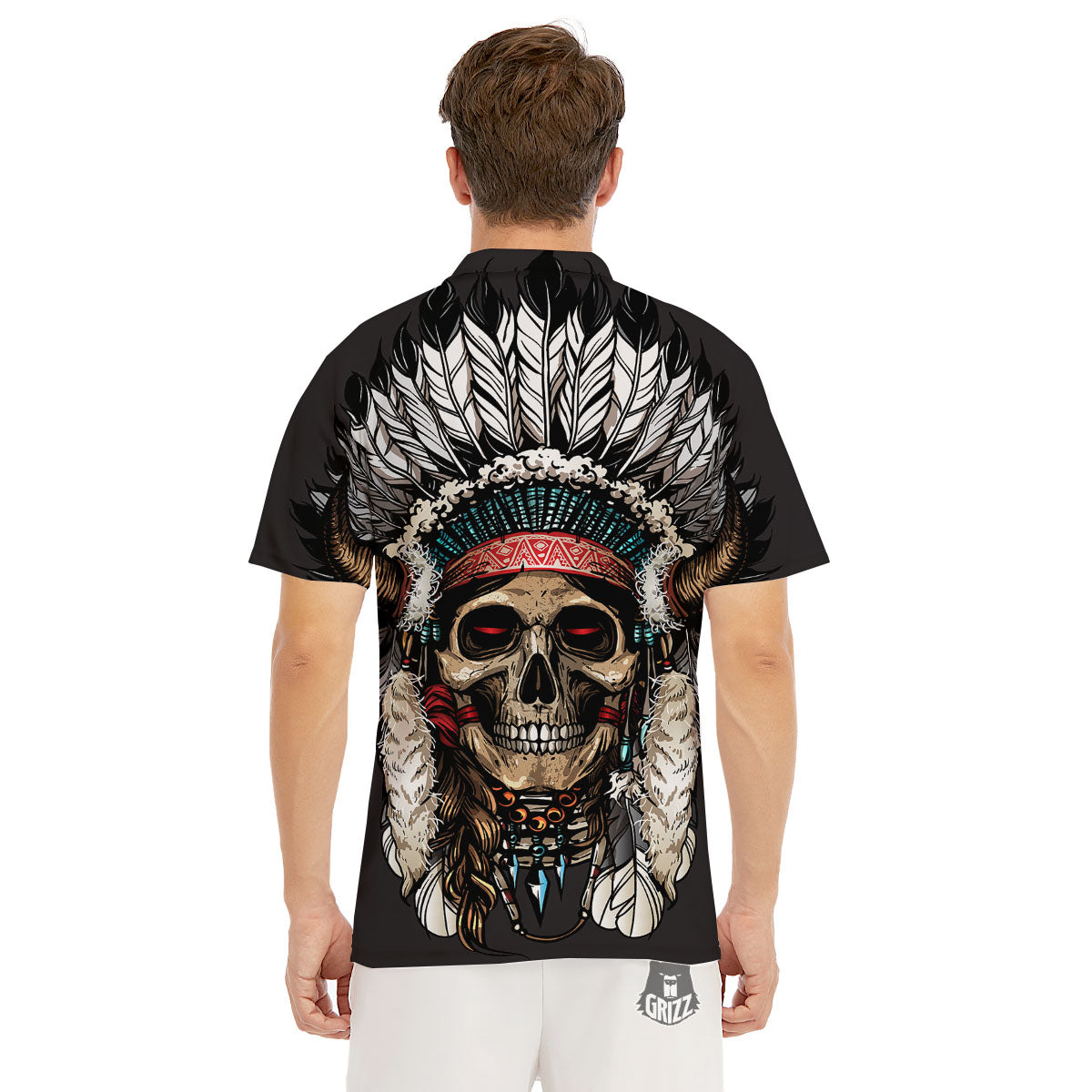 Indian Skull Native American Print Men's Golf Shirts-grizzshop