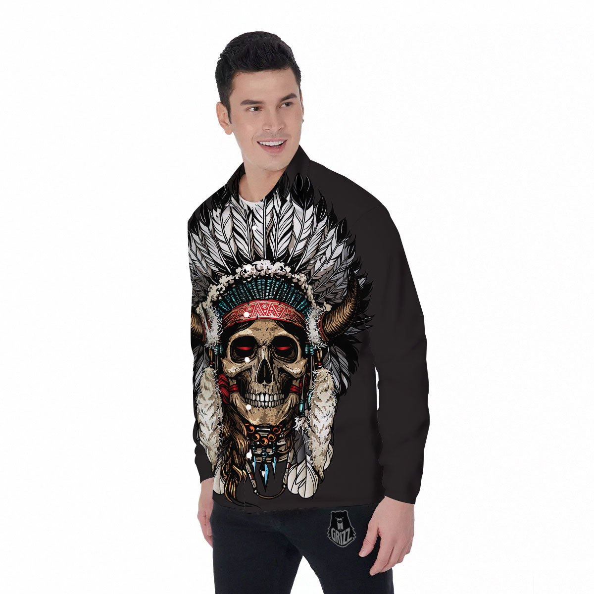 Indian Skull Native American Print Men's Long Sleeve Shirts-grizzshop