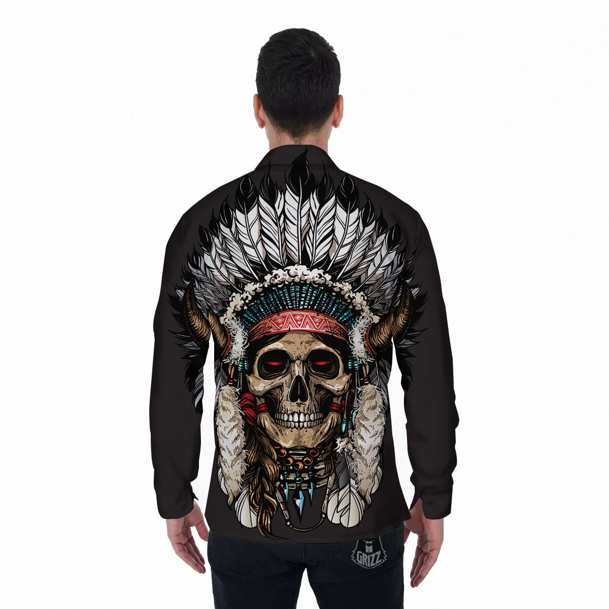 Indian Skull Native American Print Men's Long Sleeve Shirts-grizzshop