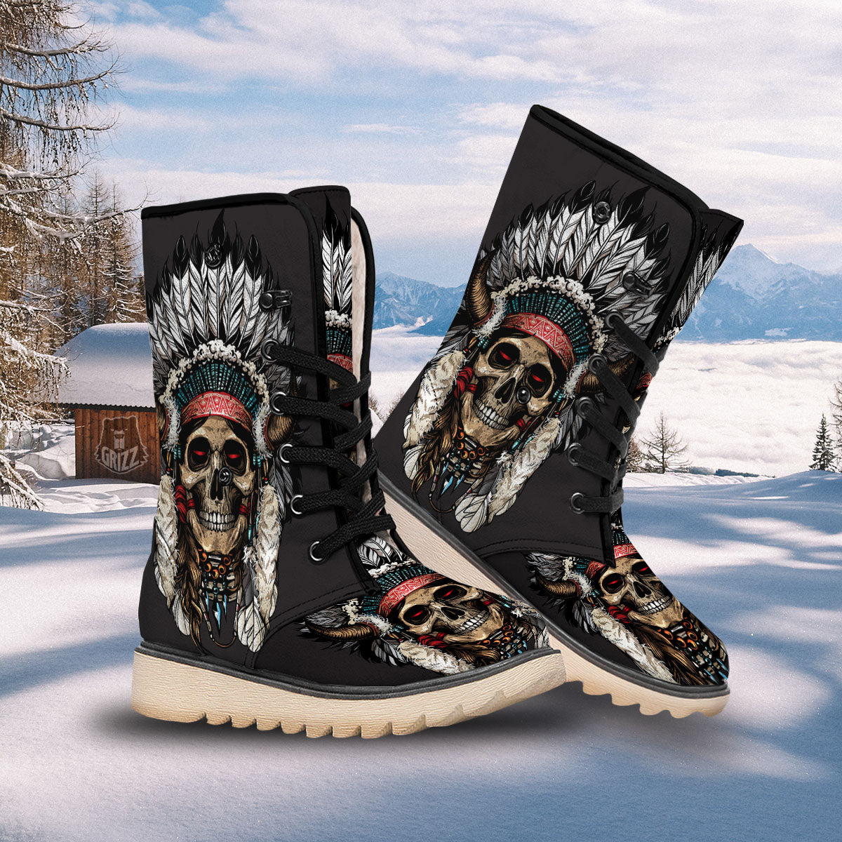 Indian Skull Native American Print Snow Boots-grizzshop