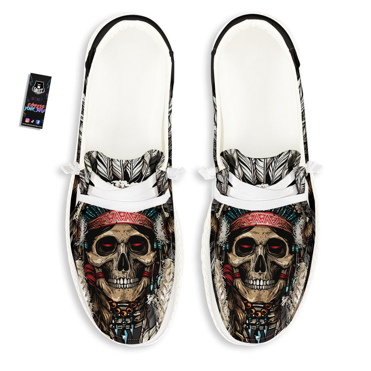 Indian Skull Native American Print White Loafers-grizzshop