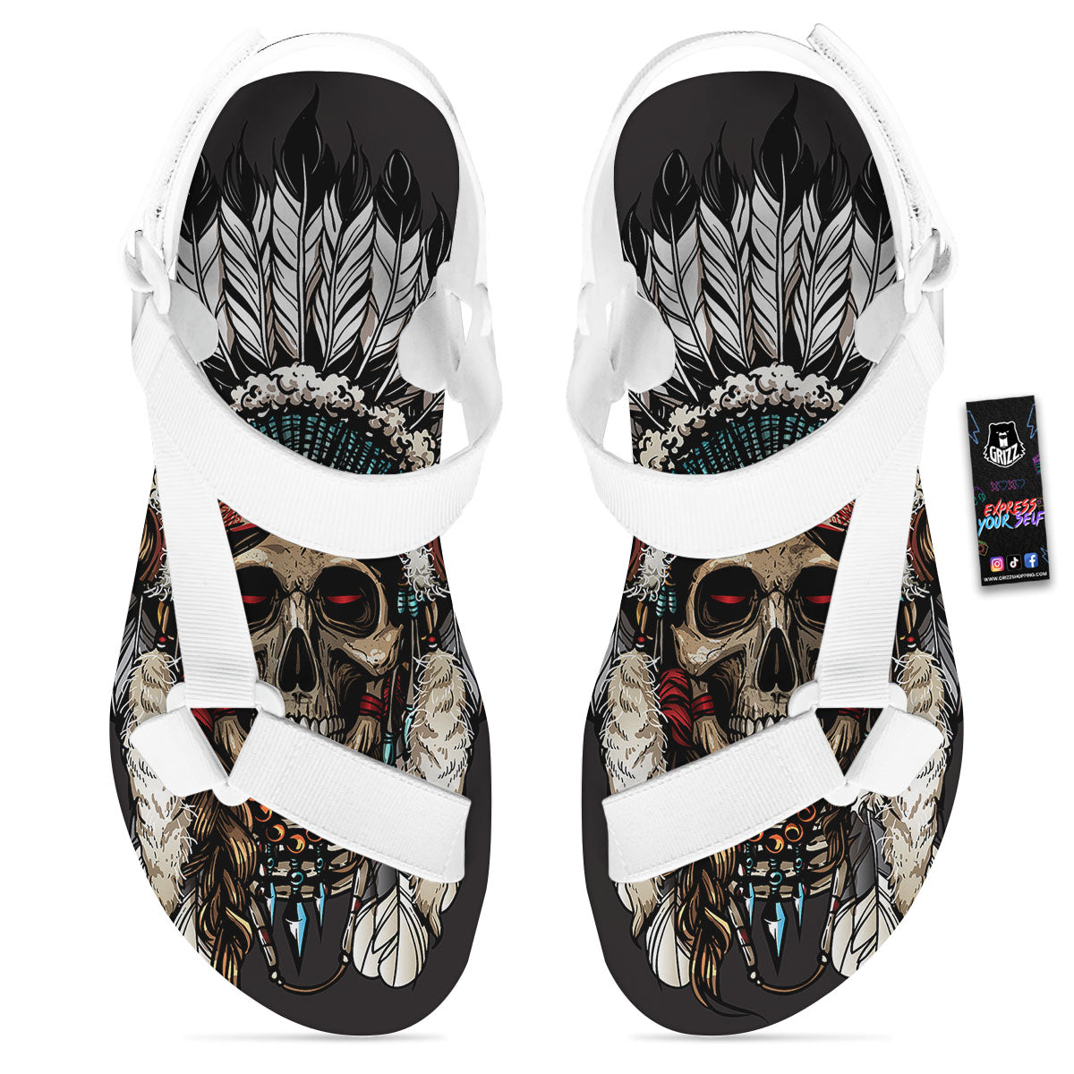 Indian Skull Native American Print White Open Toe Sandals-grizzshop