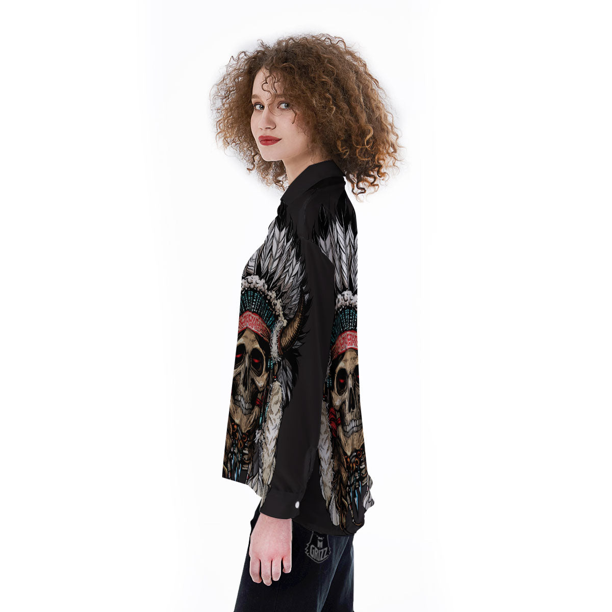 Indian Skull Native American Print Women's Long Sleeve Shirts-grizzshop