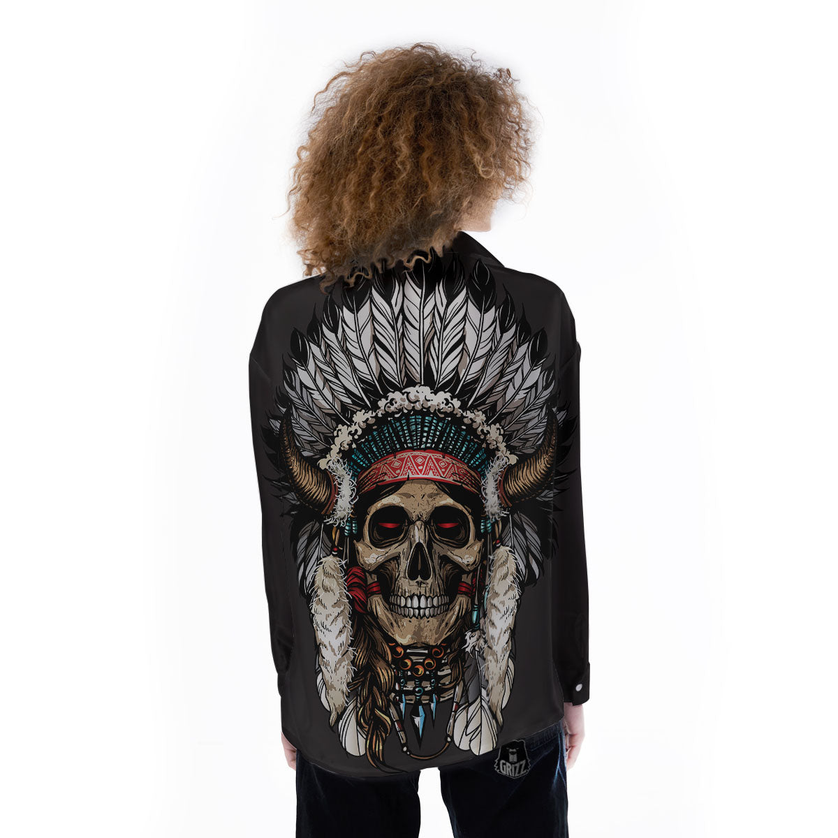 Indian Skull Native American Print Women's Long Sleeve Shirts-grizzshop