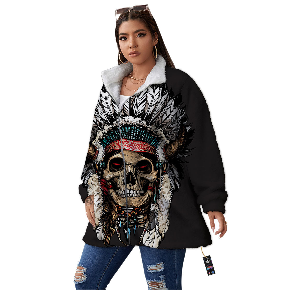Indian Skull Native American Print Women's Sherpa Jacket-grizzshop