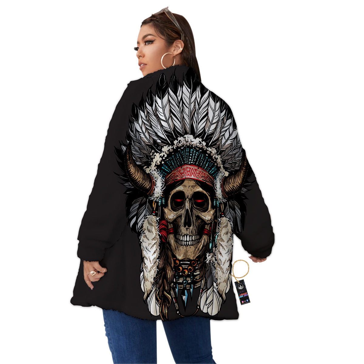 Indian Skull Native American Print Women's Sherpa Jacket-grizzshop