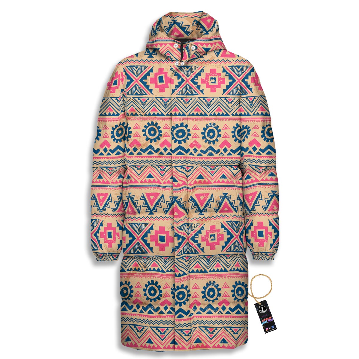 Indian Tribal Native Print Pattern Long Down Jacket-grizzshop