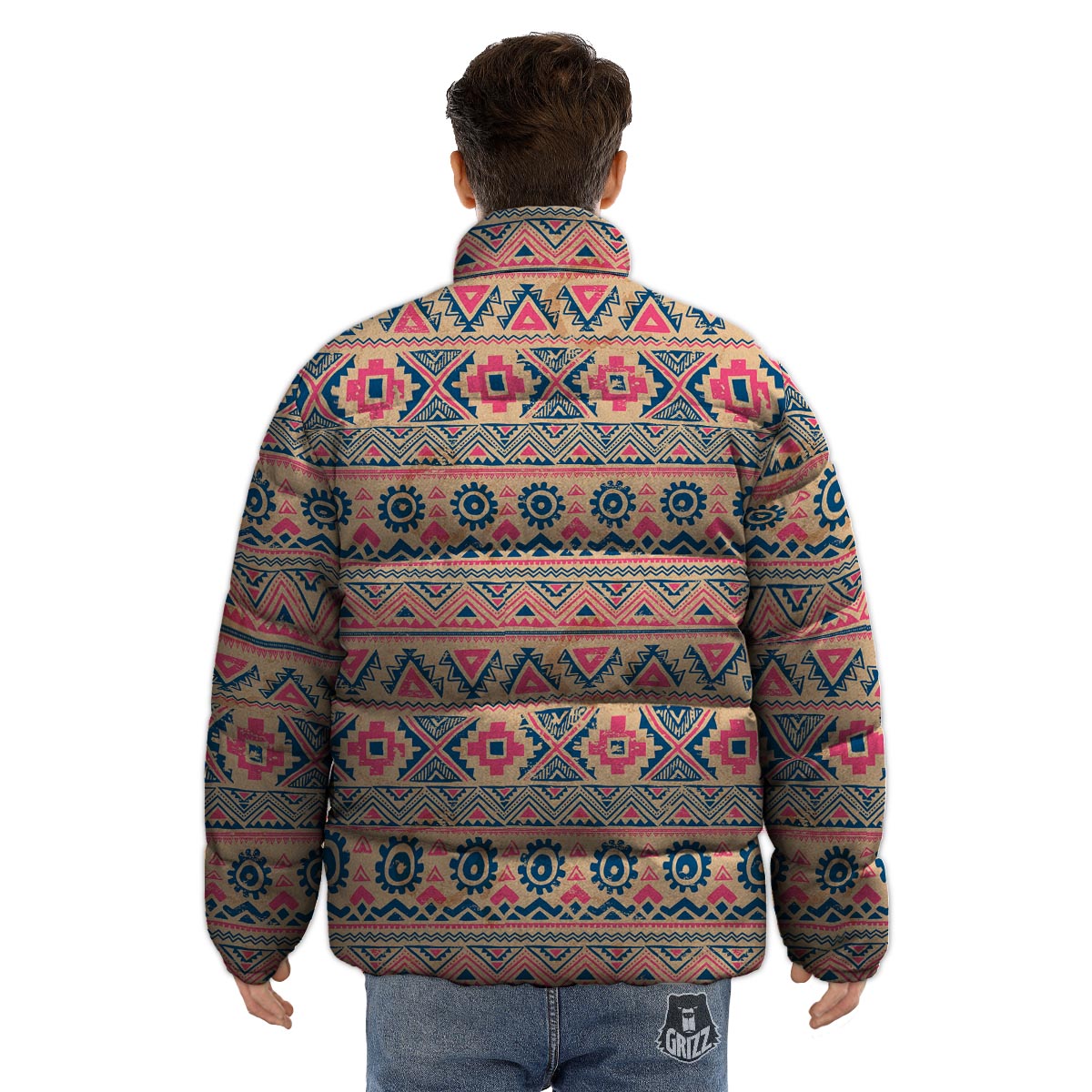 Indian Tribal Native Print Pattern Puffer Jacket-grizzshop