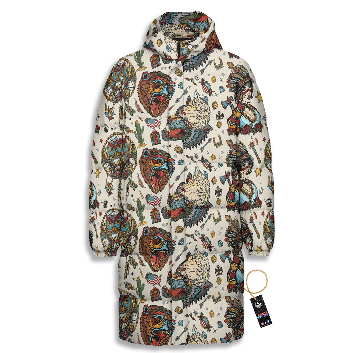 Indian Old School Tattoo Style Print Pattern Long Down Jacket