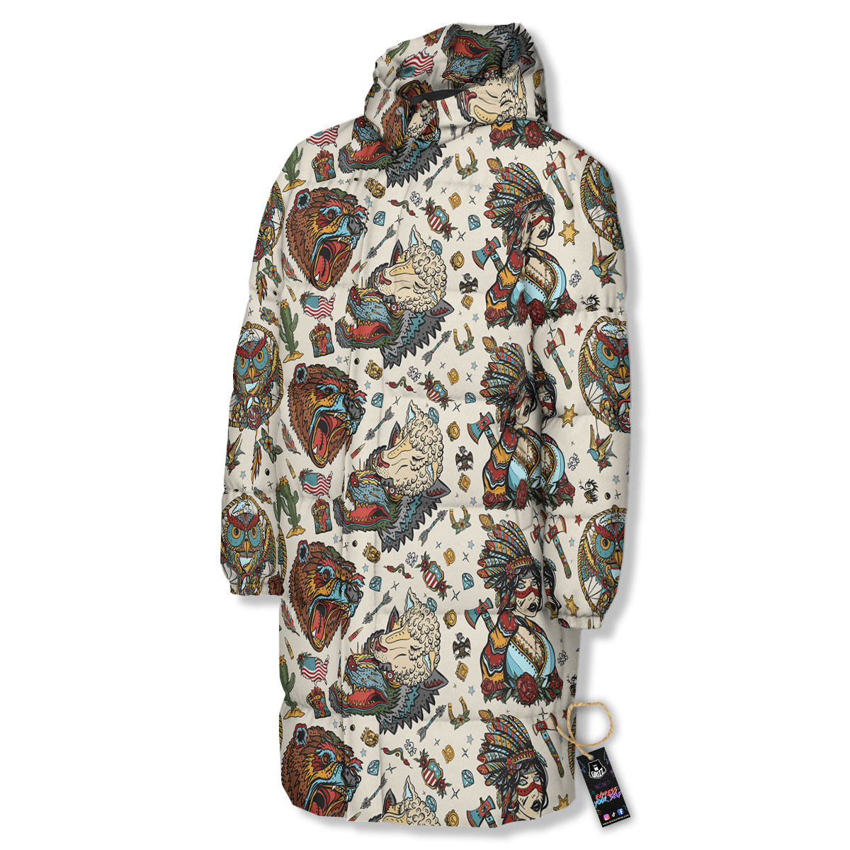 Indian Old School Tattoo Style Print Pattern Long Down Jacket
