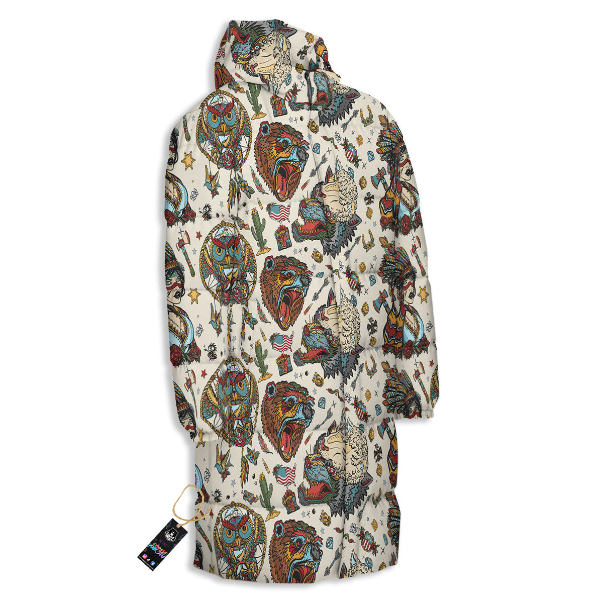 Indian Old School Tattoo Style Print Pattern Long Down Jacket
