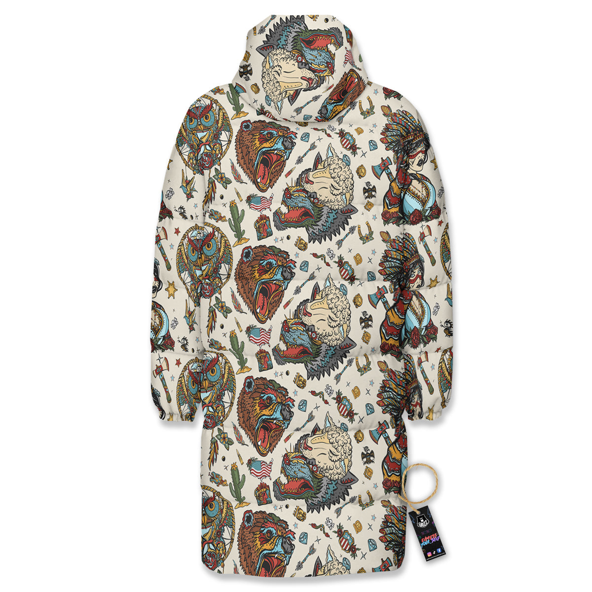 Indian Old School Tattoo Style Print Pattern Long Down Jacket