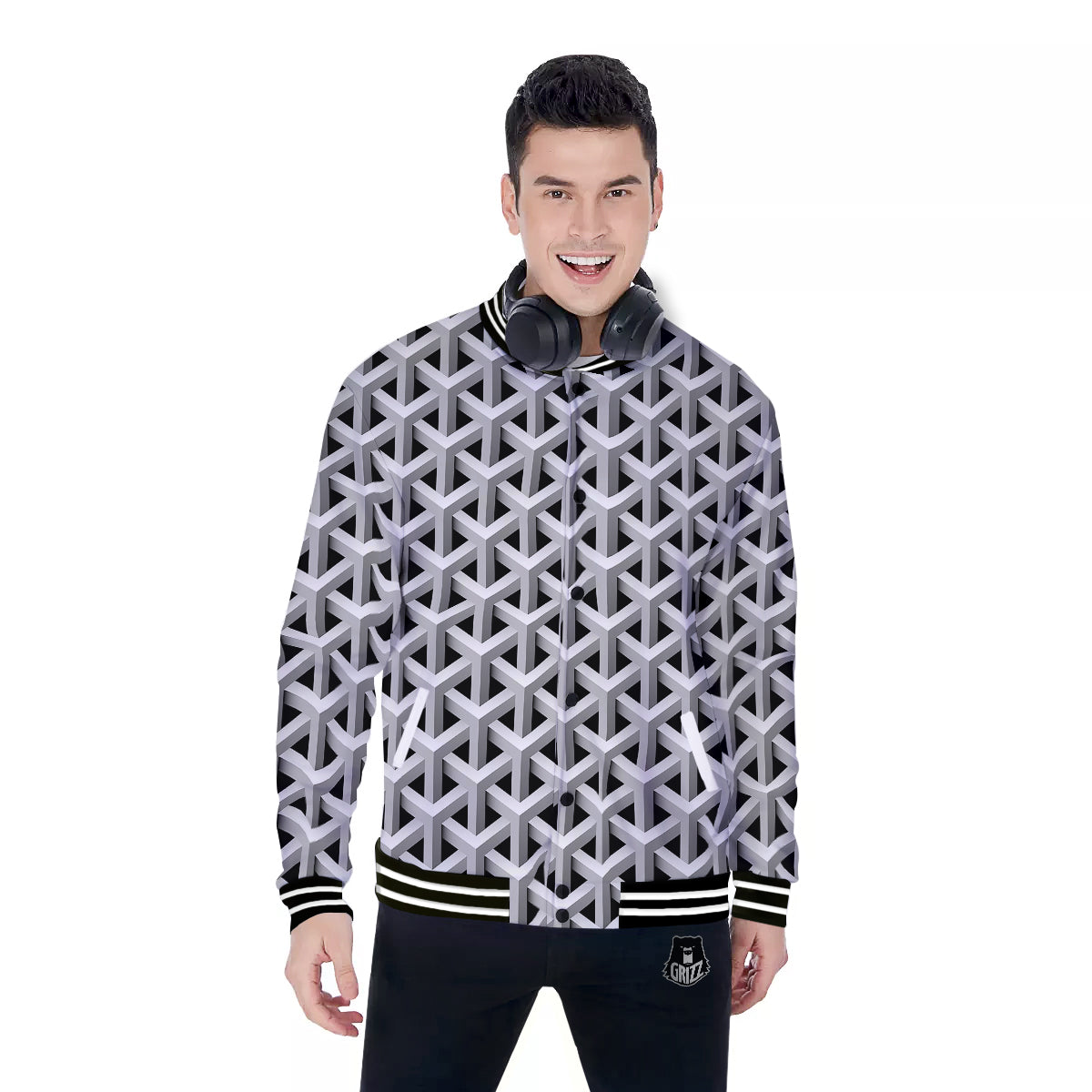 Industrial Raster 3D Print Pattern Baseball Jacket-grizzshop