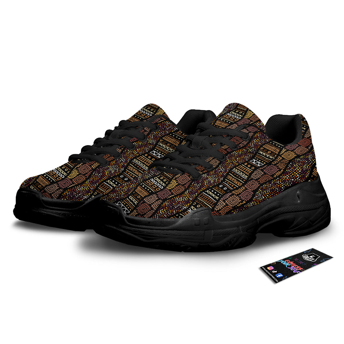 Inspired African Afro Print Pattern Black Chunky Shoes-grizzshop