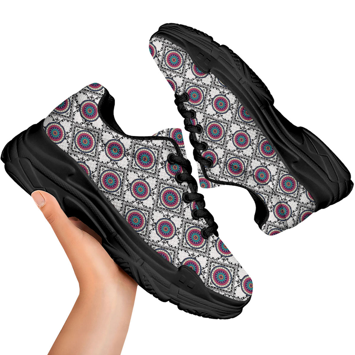 Inspired Native Indian Print Pattern Black Chunky Shoes-grizzshop