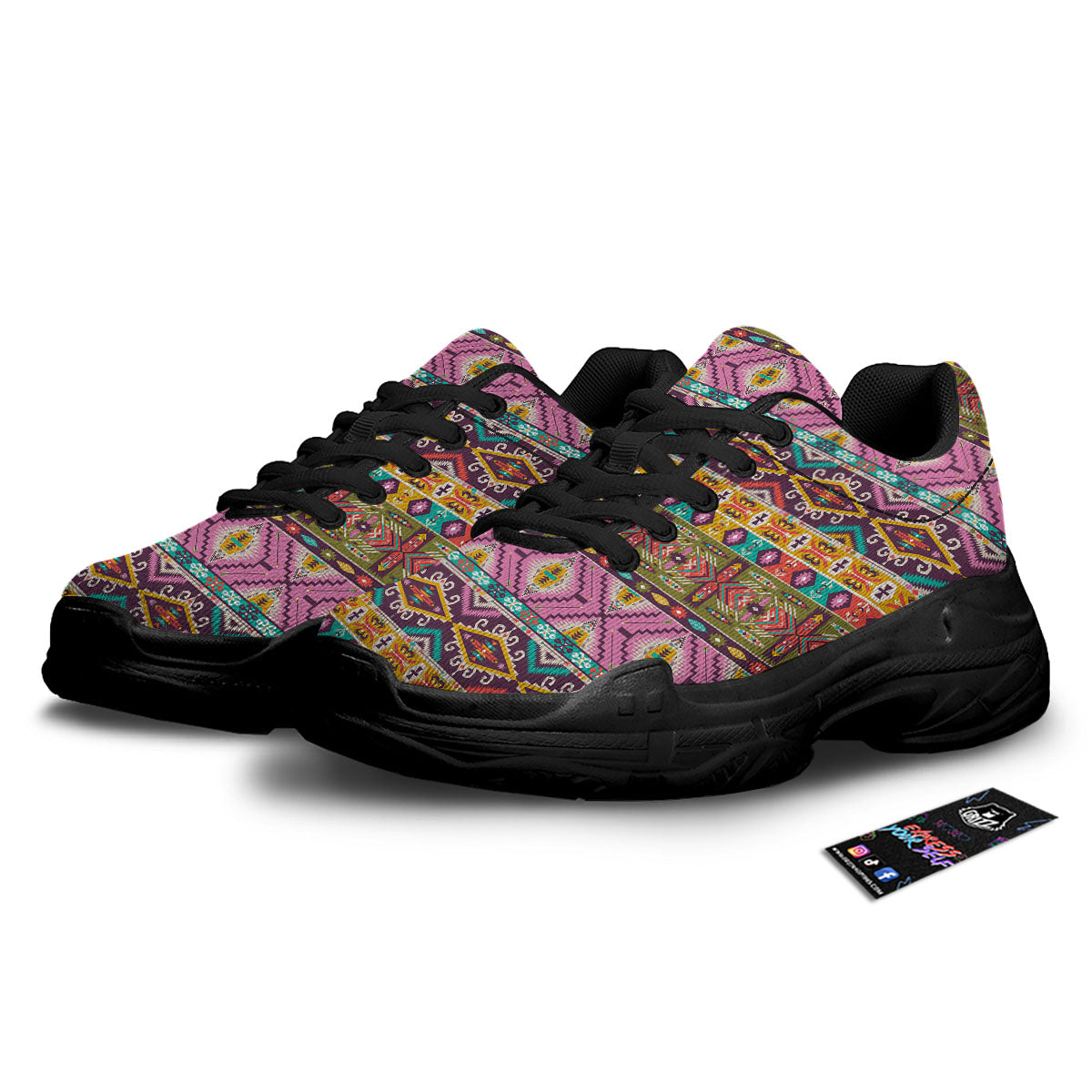 Inspired Native Print Pattern Black Chunky Shoes-grizzshop