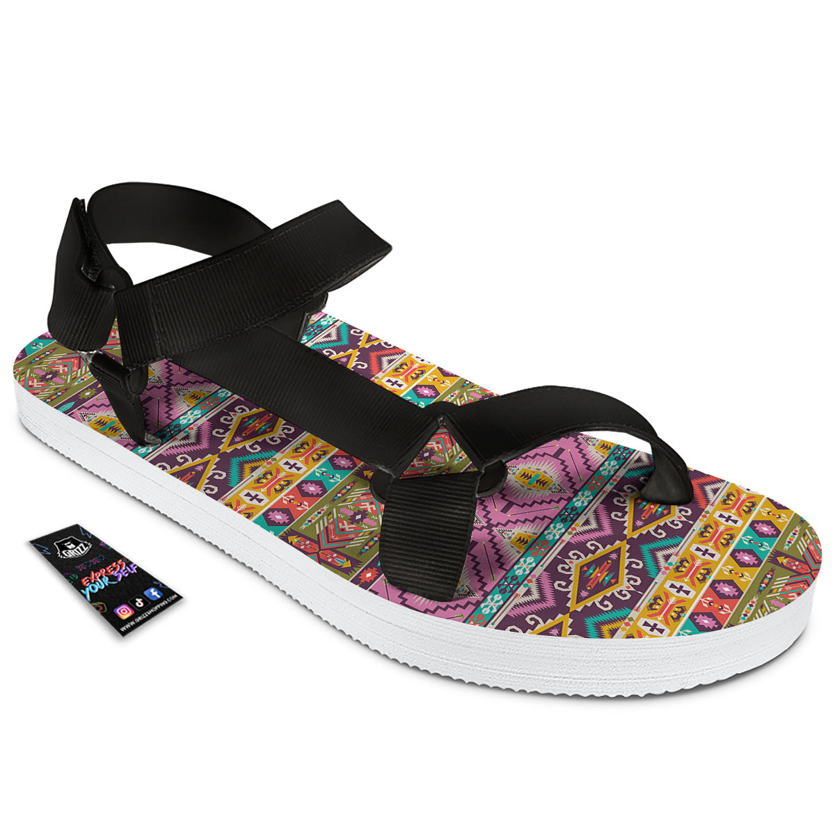 Inspired Native Print Pattern Black Open Toe Sandals-grizzshop