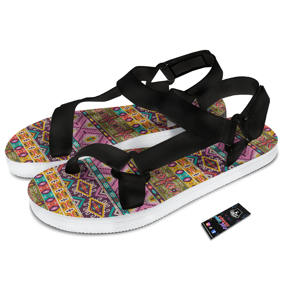 Inspired Native Print Pattern Black Open Toe Sandals-grizzshop