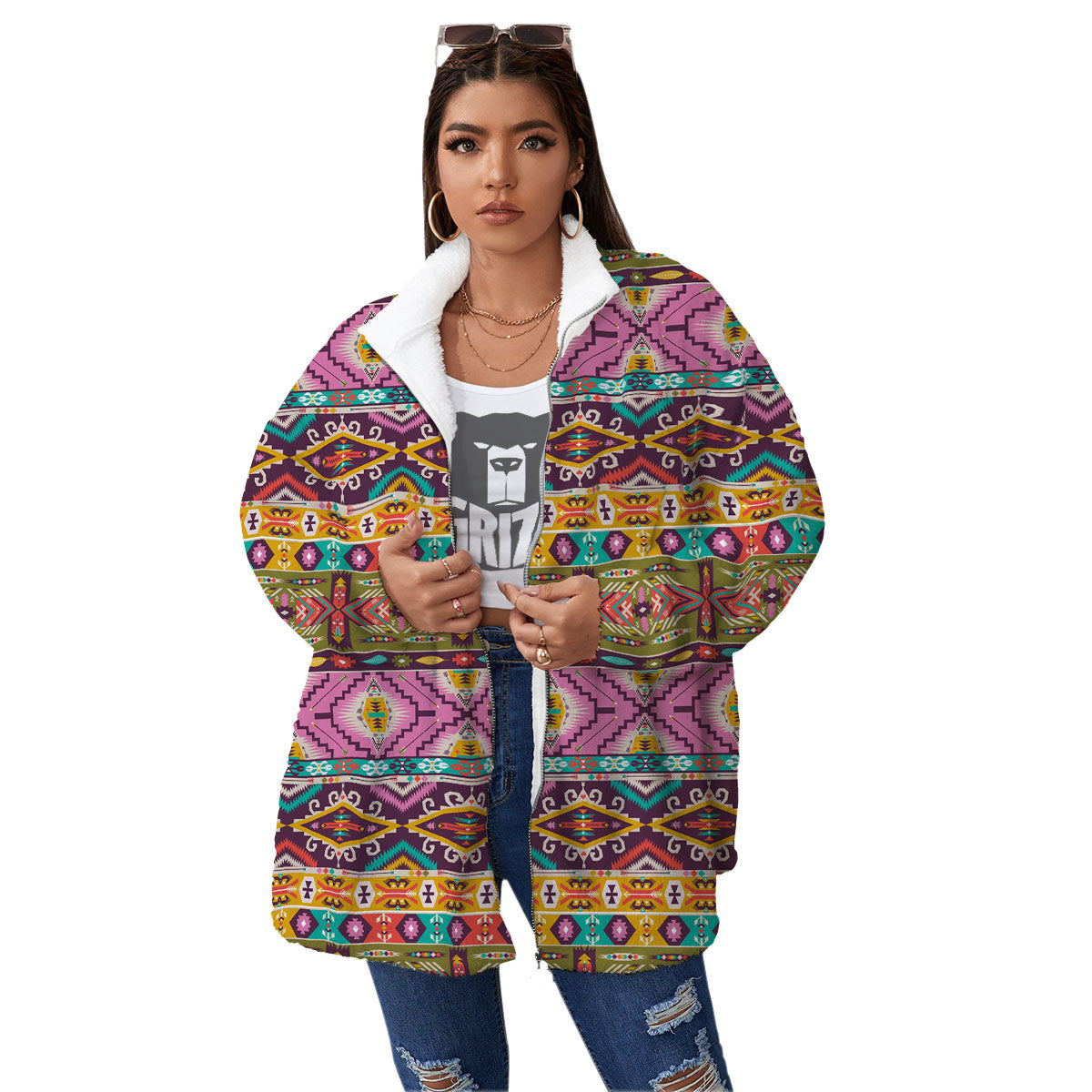 Inspired Native Print Pattern Women's Sherpa Jacket-grizzshop