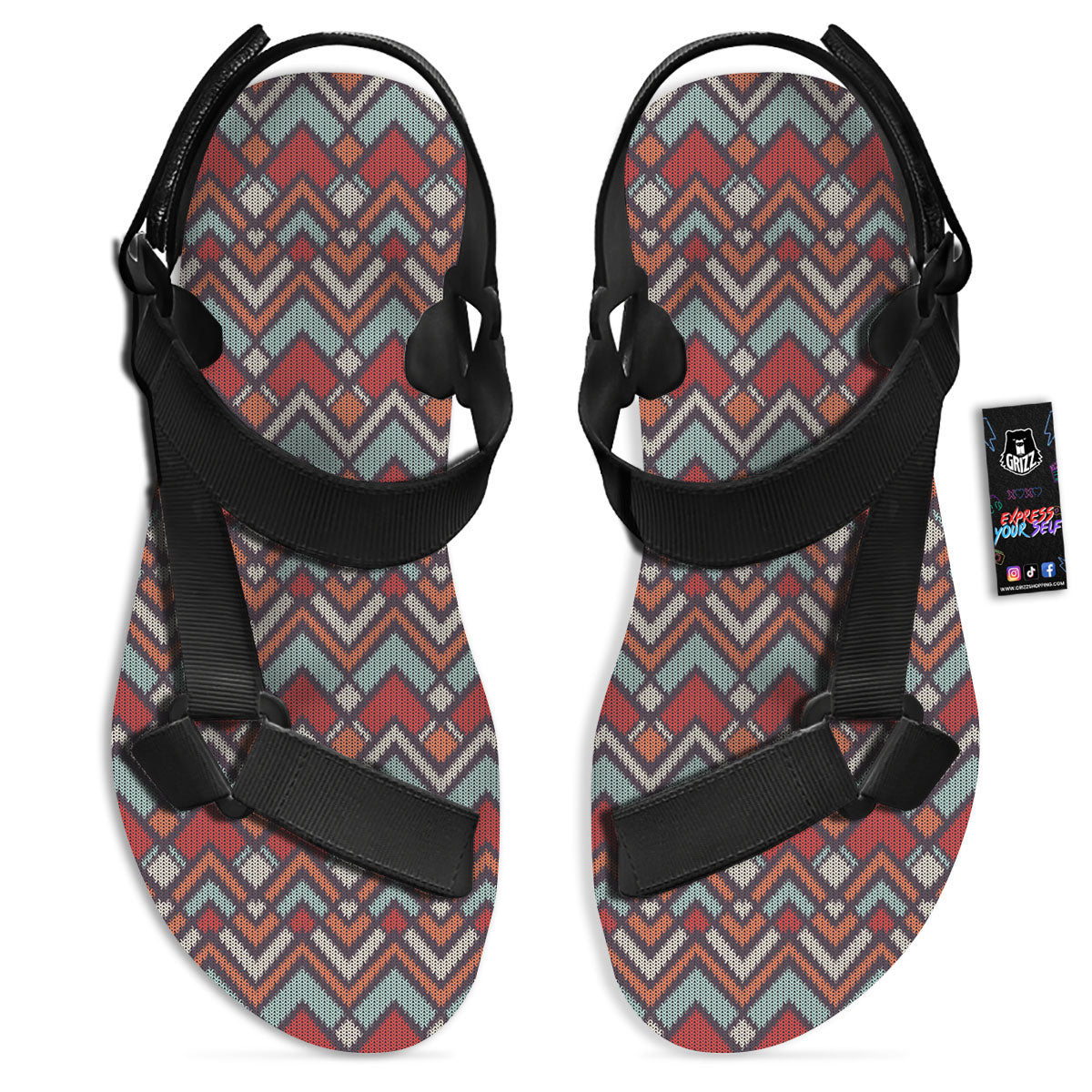 Inspired Native Tribal Print Pattern Black Open Toe Sandals-grizzshop