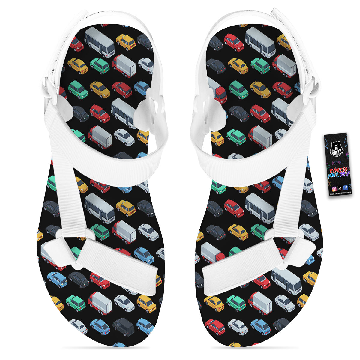 Isometric Cars Colorful Print Pattern White Open Toe Sandals-grizzshop