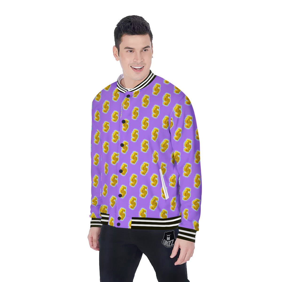 Isometric Gold Dollar Print Pattern Baseball Jacket-grizzshop