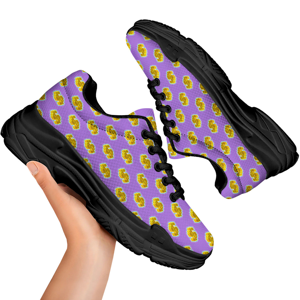 Isometric Gold Dollar Print Pattern Black Chunky Shoes-grizzshop