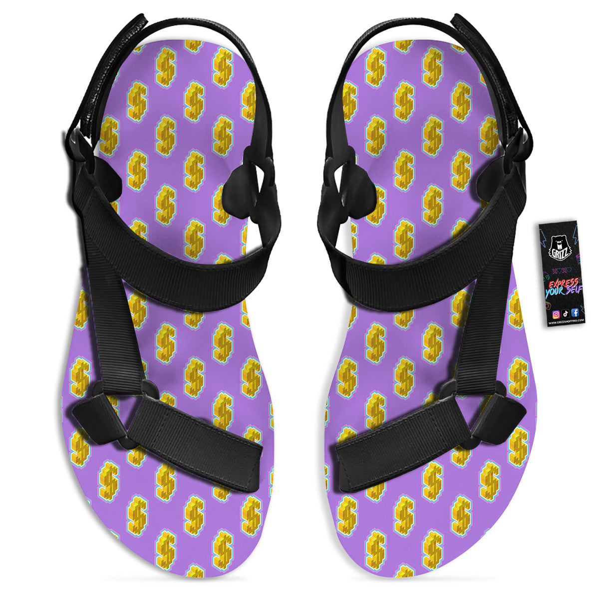 Isometric Gold Dollar Print Pattern Black Open Toe Sandals-grizzshop