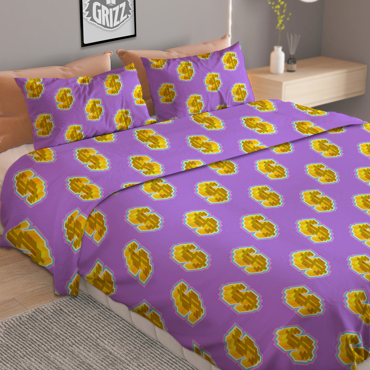 Isometric Gold Dollar Print Pattern Duvet Cover Bedding Set