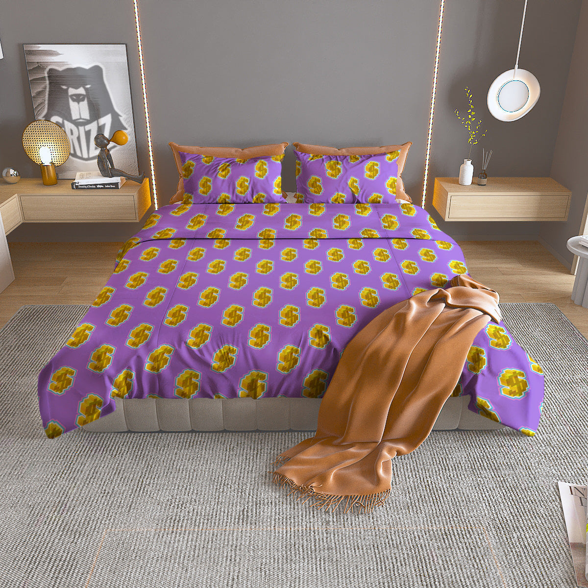 Isometric Gold Dollar Print Pattern Duvet Cover Bedding Set