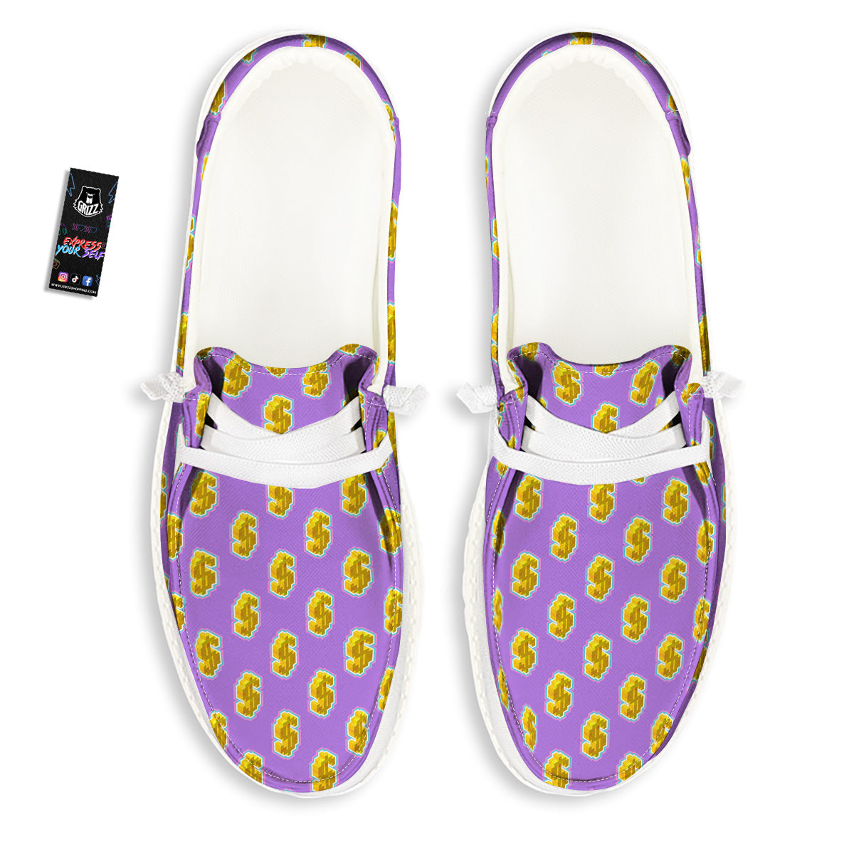 Isometric Gold Dollar Print Pattern White Loafers-grizzshop