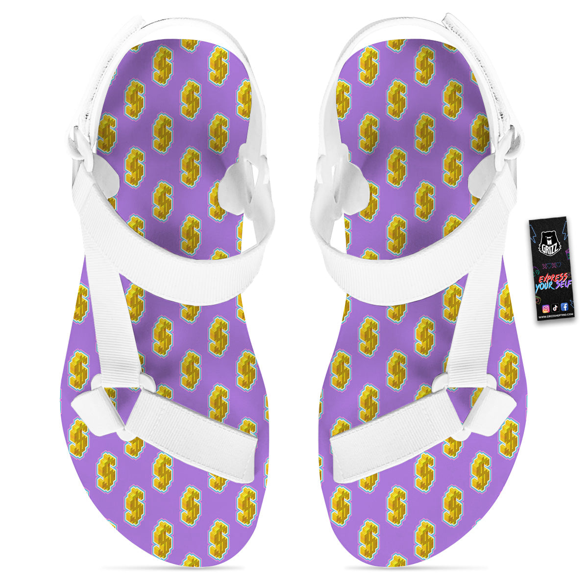 Isometric Gold Dollar Print Pattern White Open Toe Sandals-grizzshop