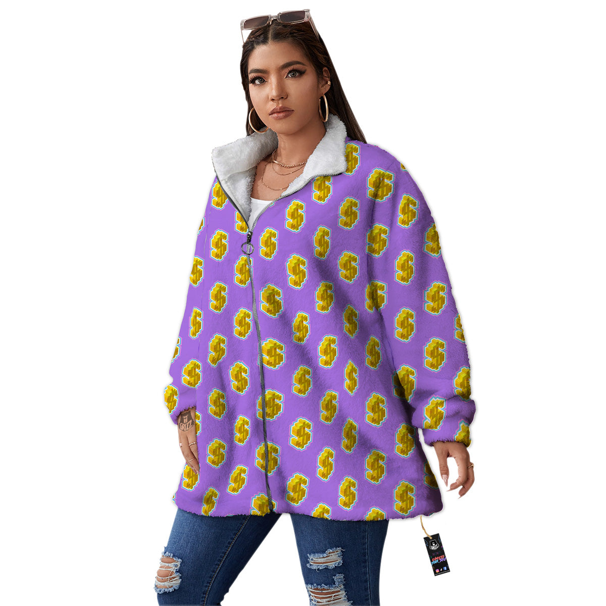 Isometric Gold Dollar Print Pattern Women's Sherpa Jacket-grizzshop