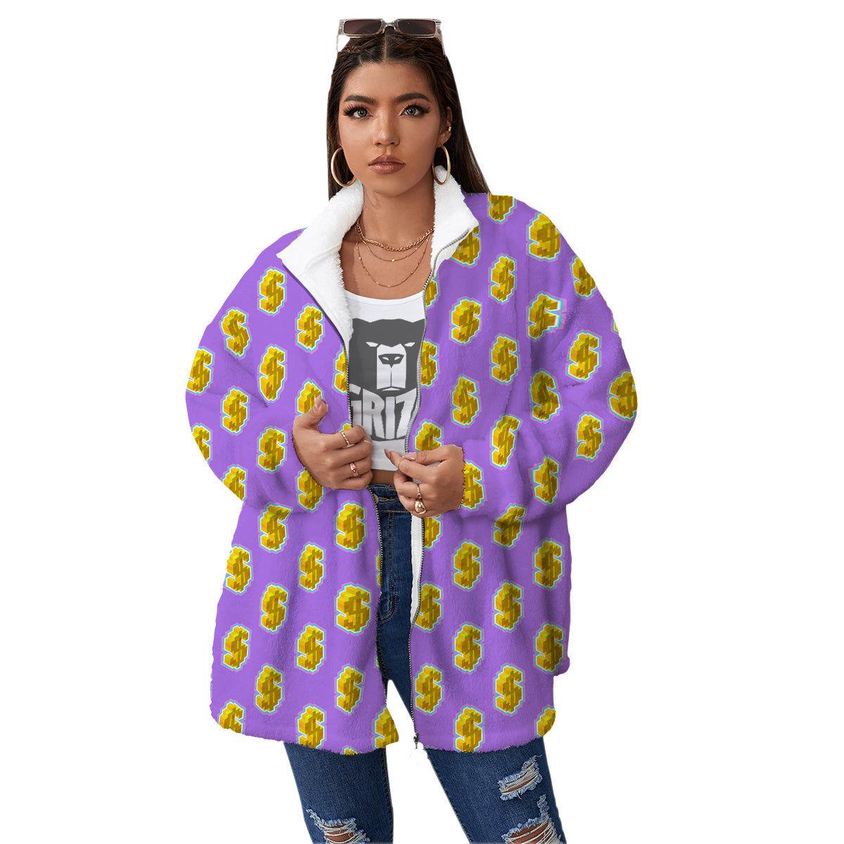 Isometric Gold Dollar Print Pattern Women's Sherpa Jacket-grizzshop