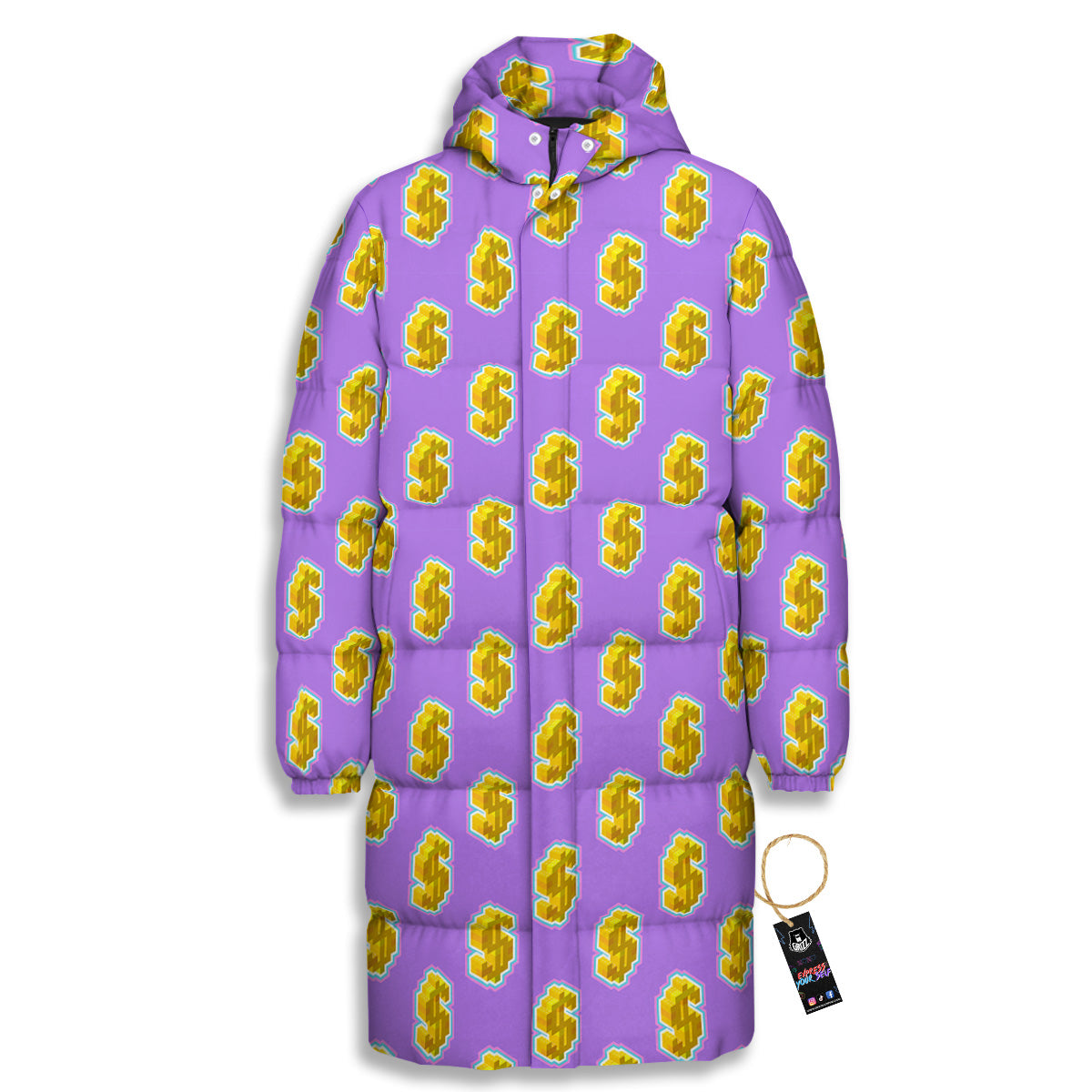 Isometric Gold Dollar Print Pattern Long Down Jacket