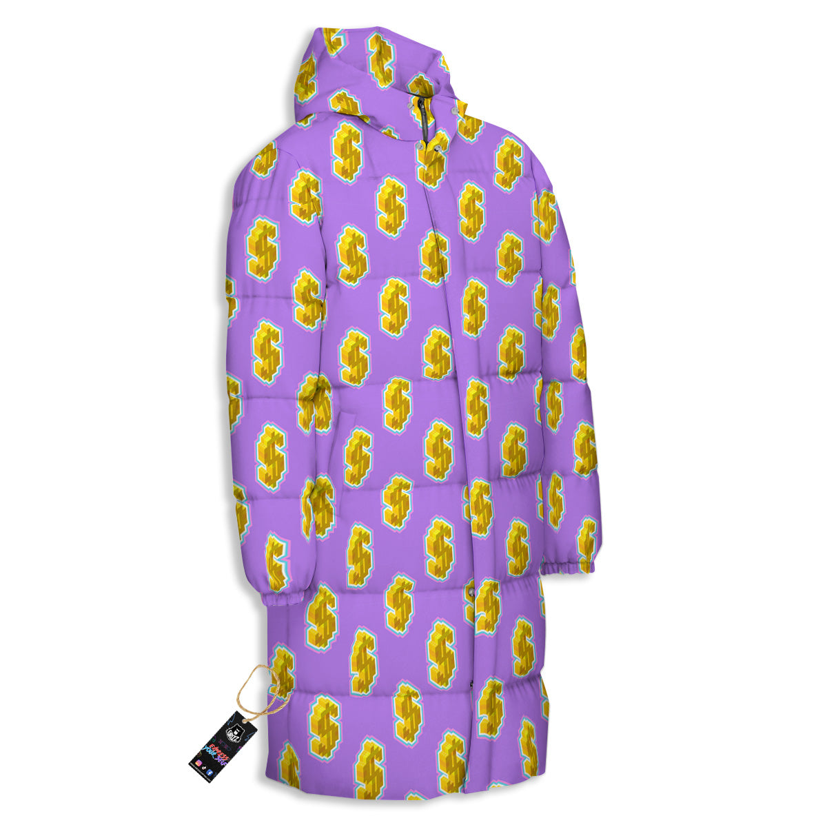 Isometric Gold Dollar Print Pattern Long Down Jacket
