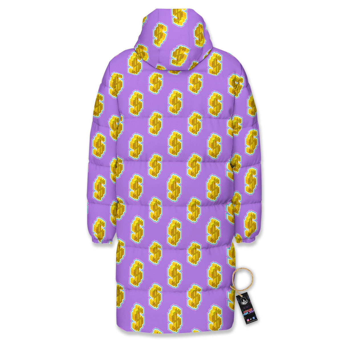 Isometric Gold Dollar Print Pattern Long Down Jacket