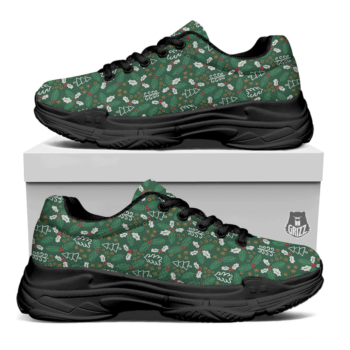 Ivy Leaf Christmas Print Pattern Black Chunky Shoes-grizzshop