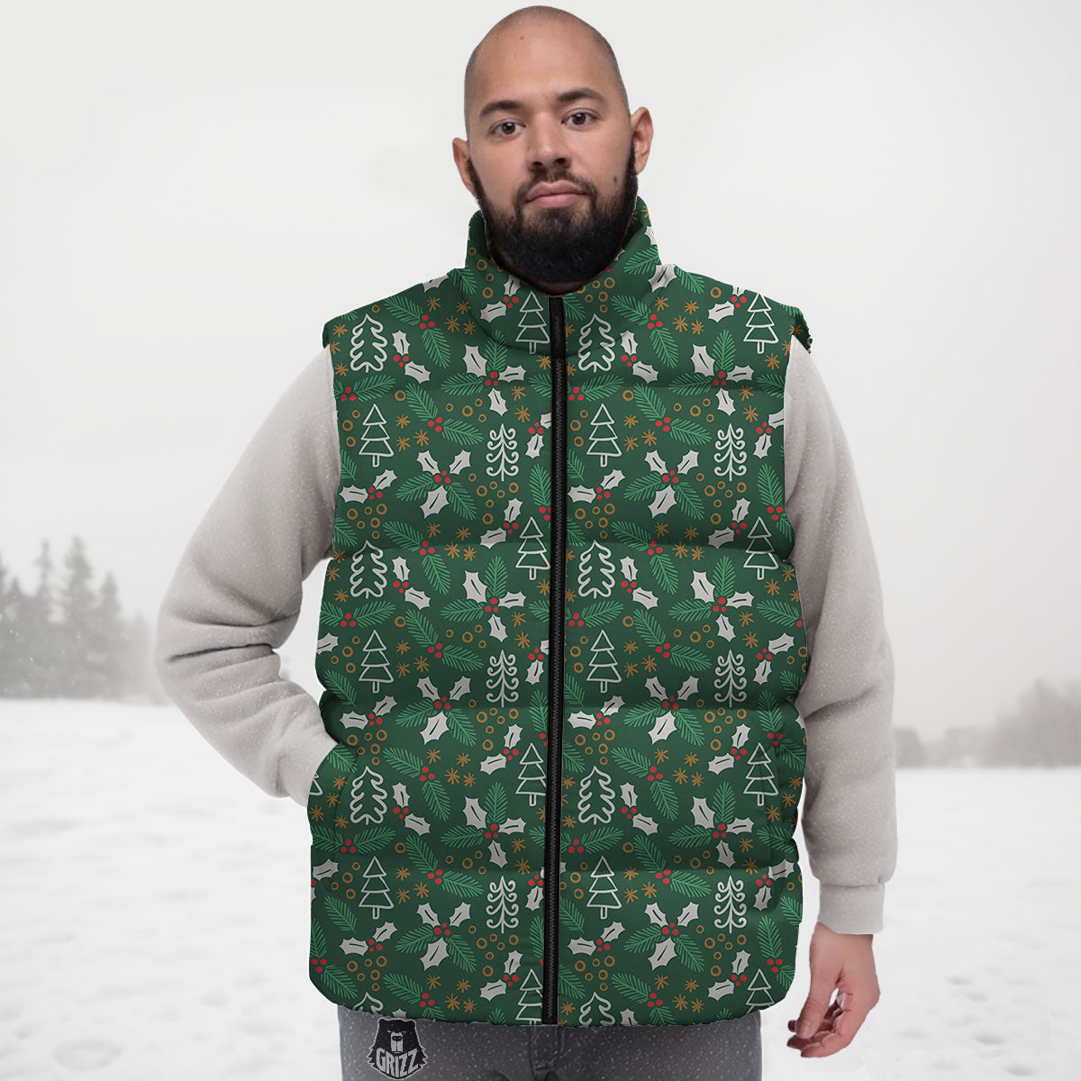 Ivy Leaf Christmas Print Pattern Down Vest-grizzshop