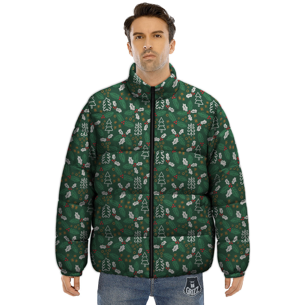 Ivy Leaf Christmas Print Pattern Puffer Jacket-grizzshop