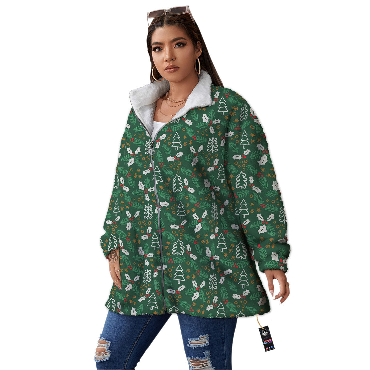 Ivy Leaf Christmas Print Pattern Women's Sherpa Jacket-grizzshop