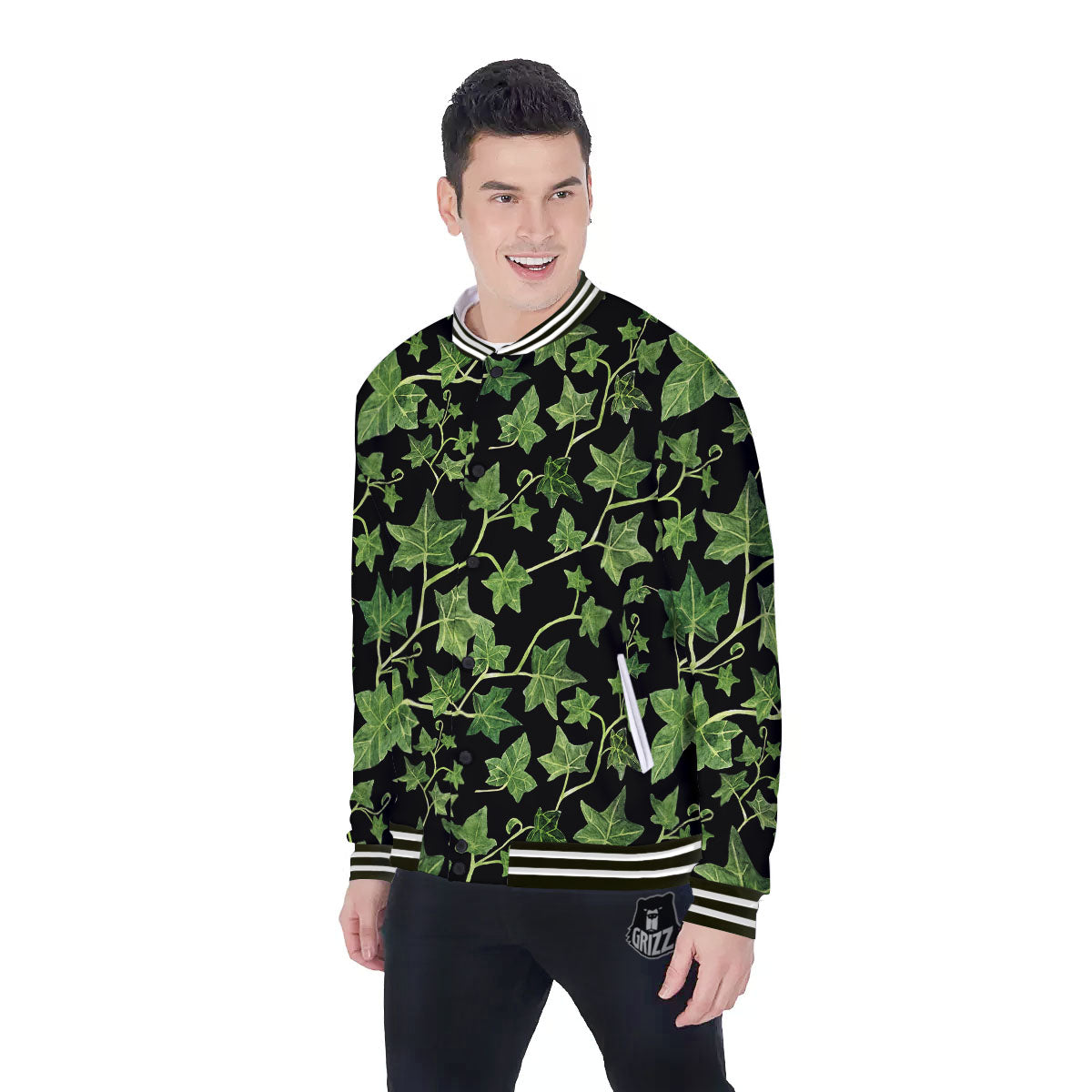 Ivy Leaf Green Print Baseball Jacket-grizzshop